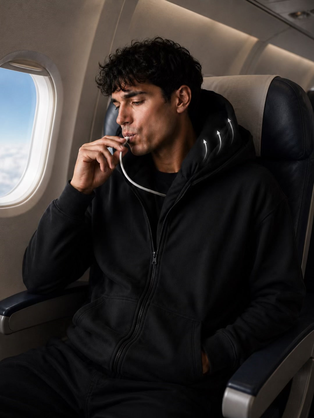 Passenger inflating the built-in neck pillow on a KIVO hoodie during a flight
